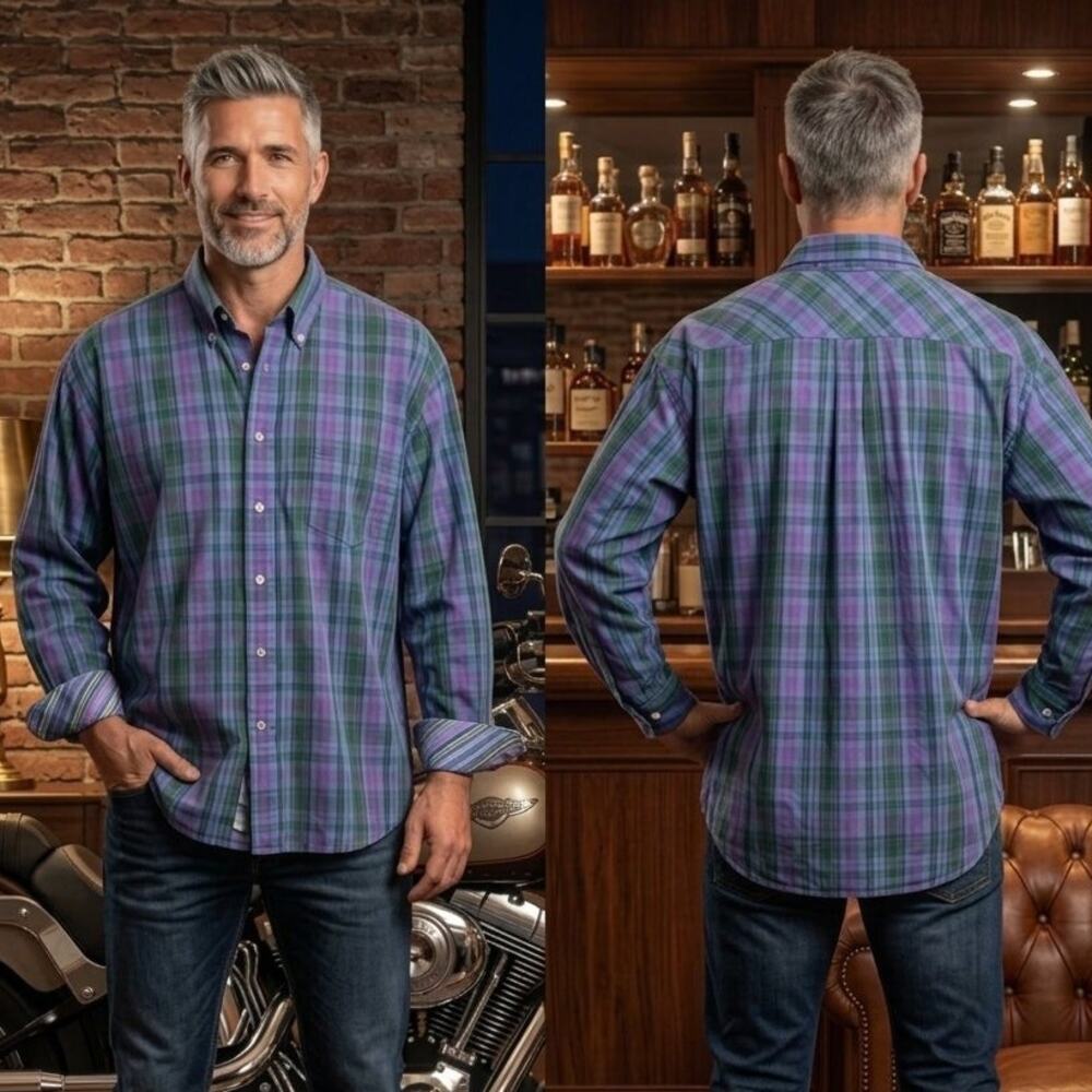 Tommy Hilfiger Plaid Long Sleeve Button Shirt Mens XL 46 48 Blue Green Purple